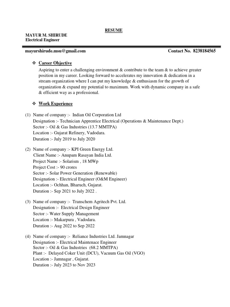 Electrical Engineer Resume of Mayur Shirude | PDF | Oil Refinery ...