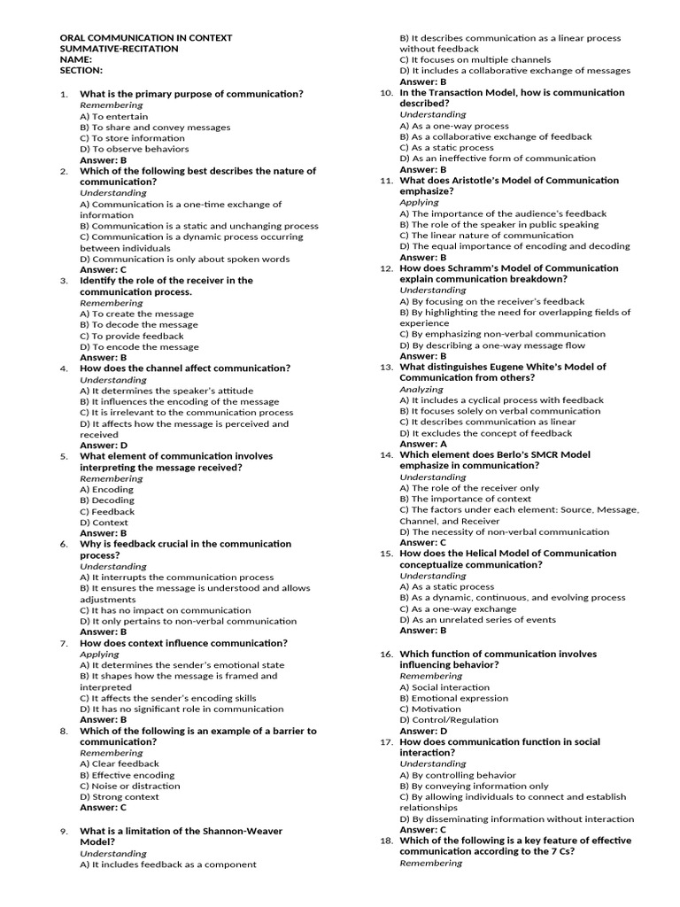 SUMMATIVE 1st Q-ORAL COMMUNICATION IN CONTEXT | PDF | Communication ...