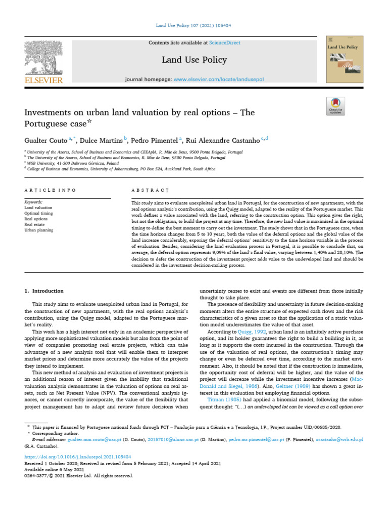 Investments On Urban Land Valuation by Real Options - The Portuguese ...