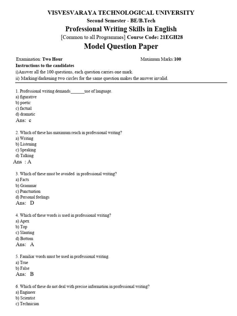 Solved Model English Question Paper | PDF | Communication | Truth