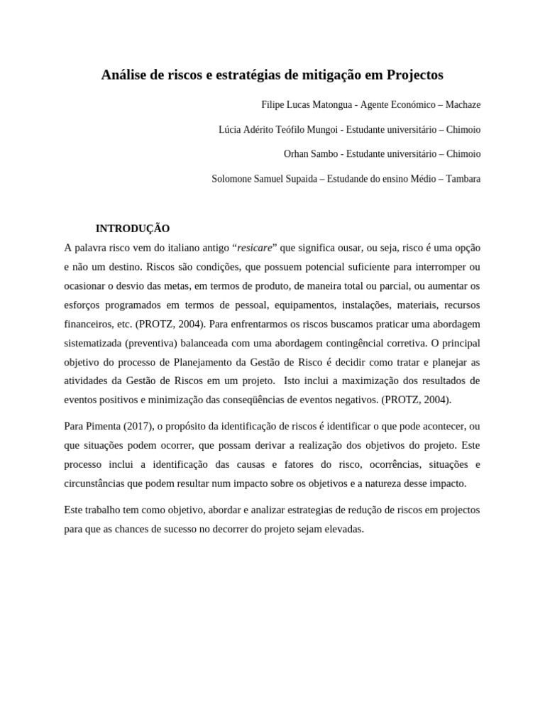 Análise e Mitigação de Riscos em Projetos | PDF | Avaliação de risco ...