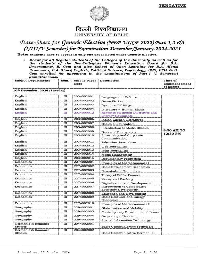 University of Delhi Generic Elective Exam Dates | PDF | Chemistry | Physics