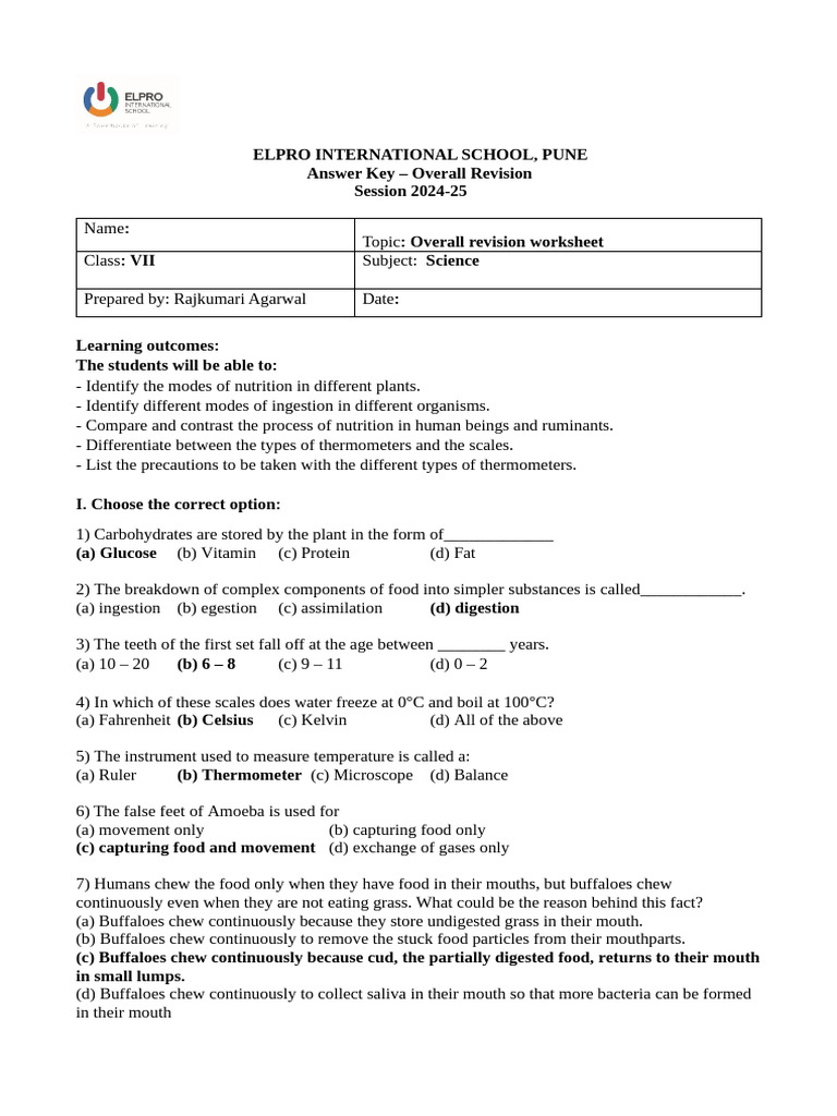 Science Revision Worksheet for Class VII | PDF | Thermometer | Temperature