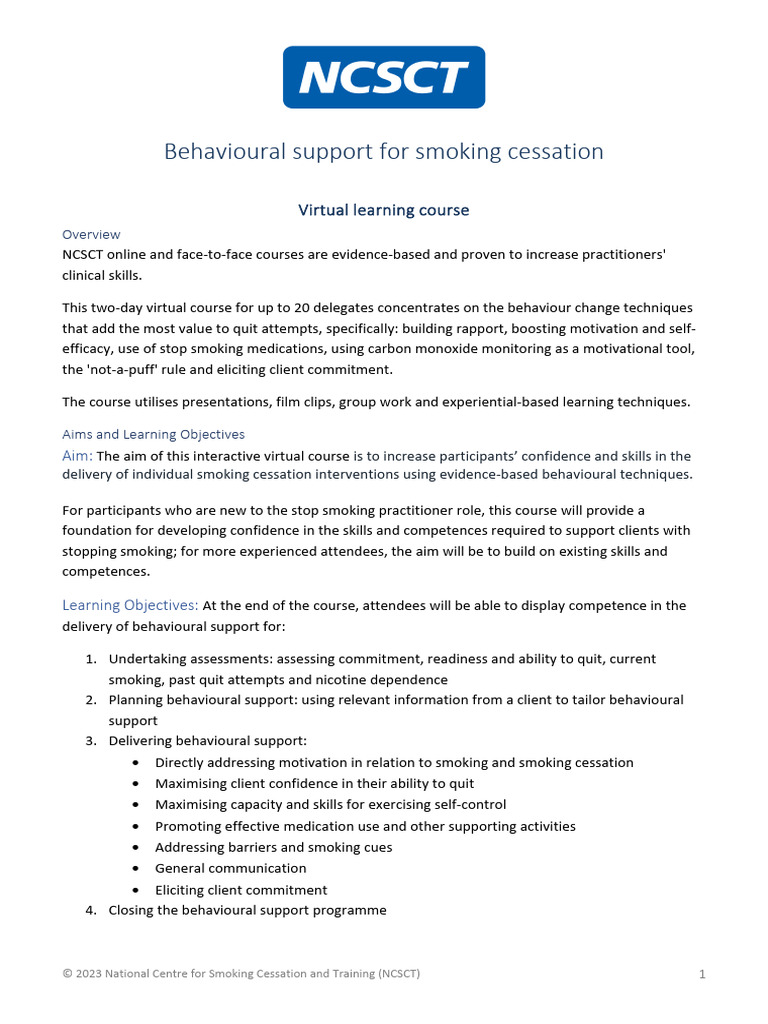 Virtual Course in Behavioural Support For Smoking Cessation | PDF ...