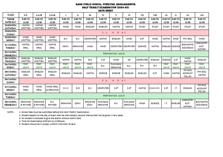 Half Yearly Exam Schedule 2024-25 | PDF