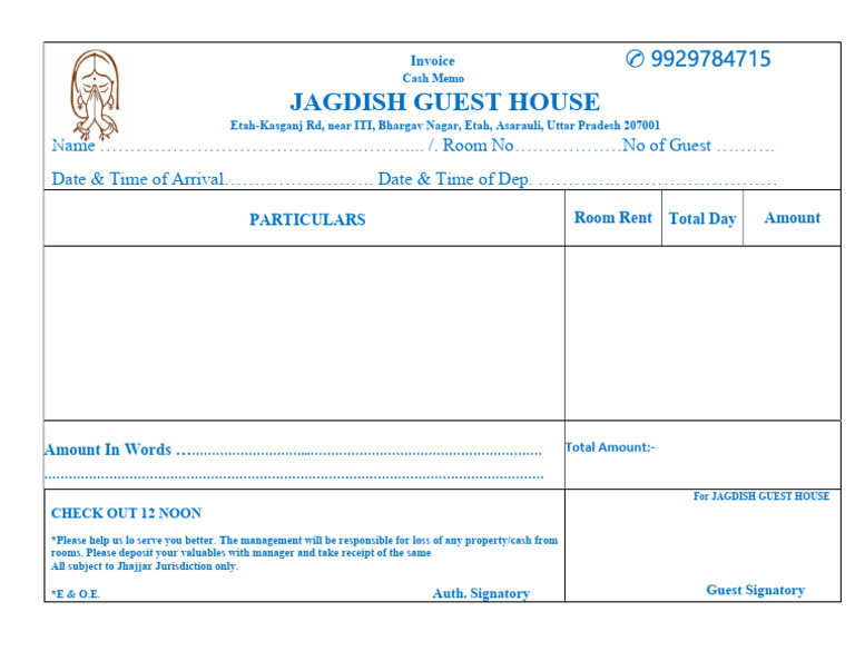 Jagdish Guest House Invoice Template | PDF