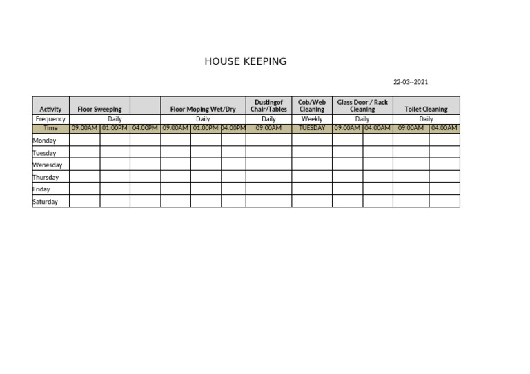 Daily Housekeeping Schedule Overview | PDF