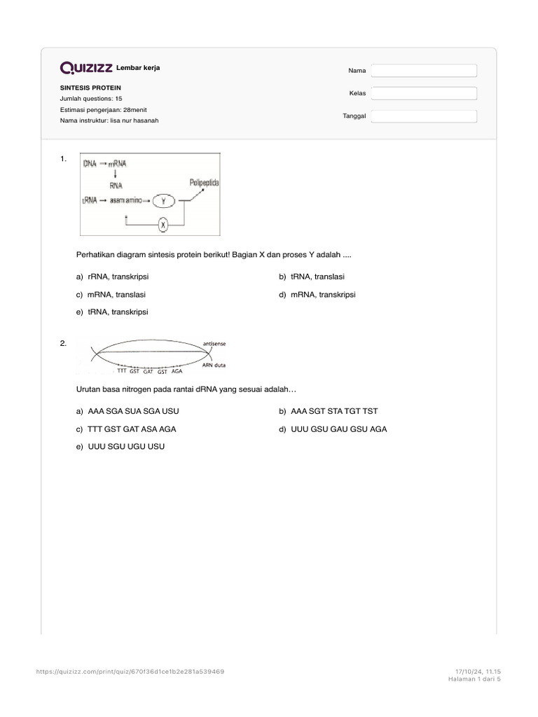 Soal Sintesis Protein Kelas 12 | PDF
