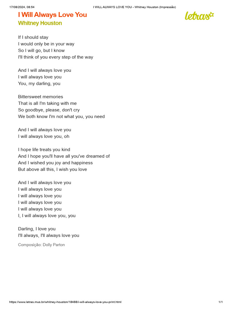 I WILL ALWAYS LOVE YOU - Whitney Houston (Impressão) | PDF | Poetry