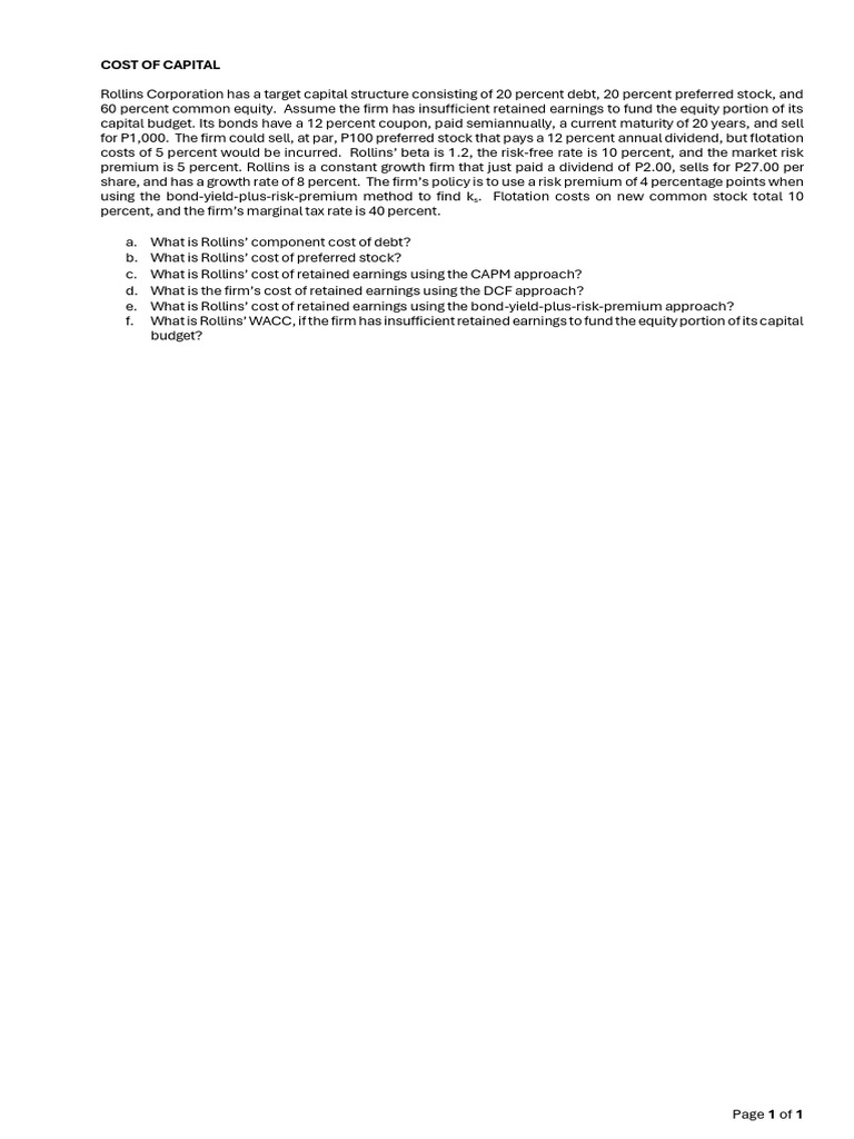 Cost Of Capital Problem Pdf Career Growth Business