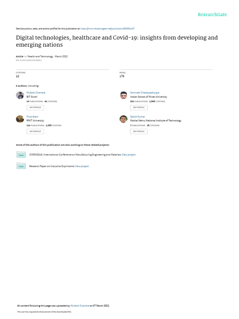 Digital Technologies, Healthcare and Covid 19 | PDF | Biosensor ...