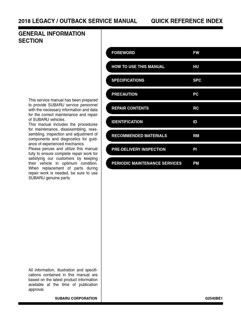 Usdm Legacy FSM 2018 PDF G2540be (BN-BS) | PDF | Vehicle Technology |  Vehicles