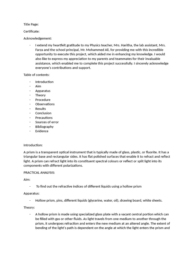 Hollow Prism Investigatory Project | PDF | Refractive Index | Refraction