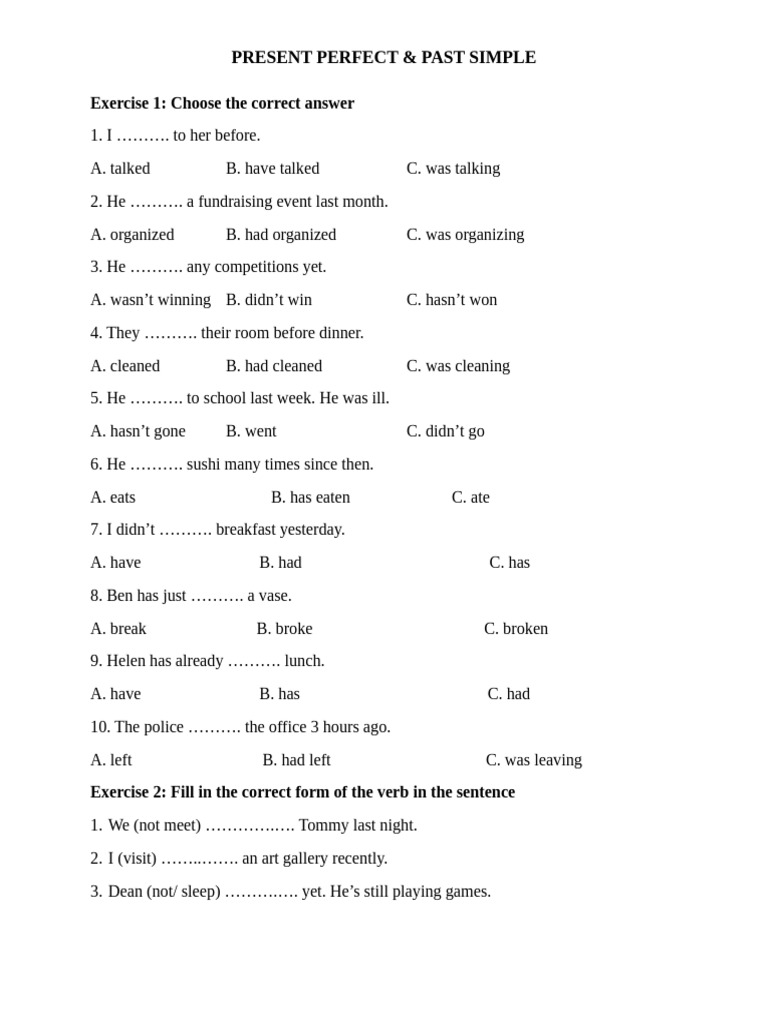 Present Perfect vs Past Simple Exercises | PDF
