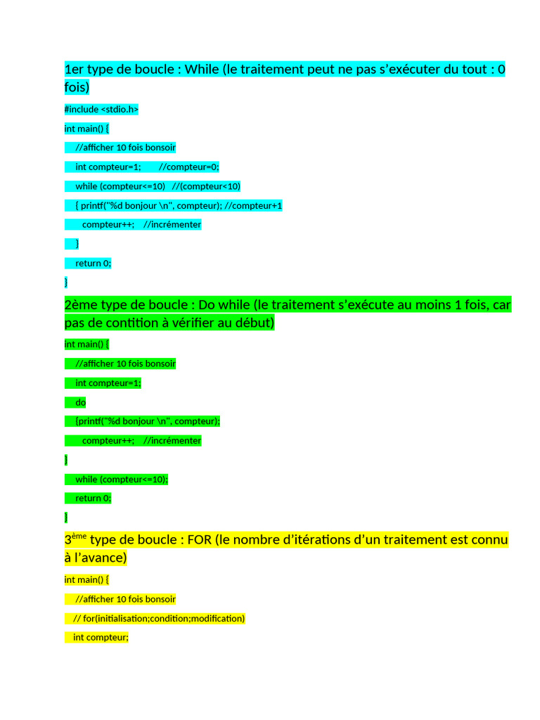 Types de boucles en C : While, Do While, For | PDF | Ordinateurs
