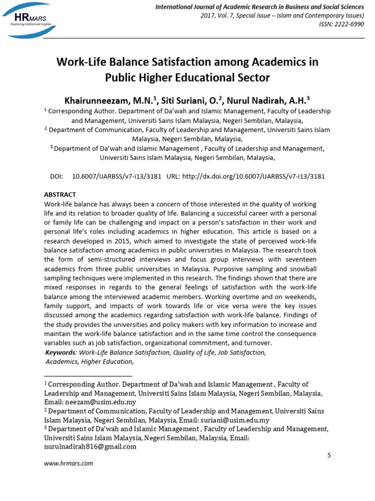 Work-Life Balance Satisfaction Among Academics in Public Higher ...
