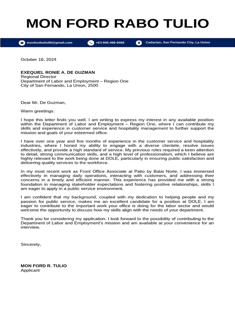 Application Letter - Mon Ford R. Tulio | PDF