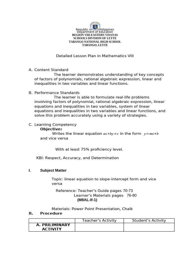 Detailed Math Lesson Plan for Grade 8 | PDF | Equations | Variable ...