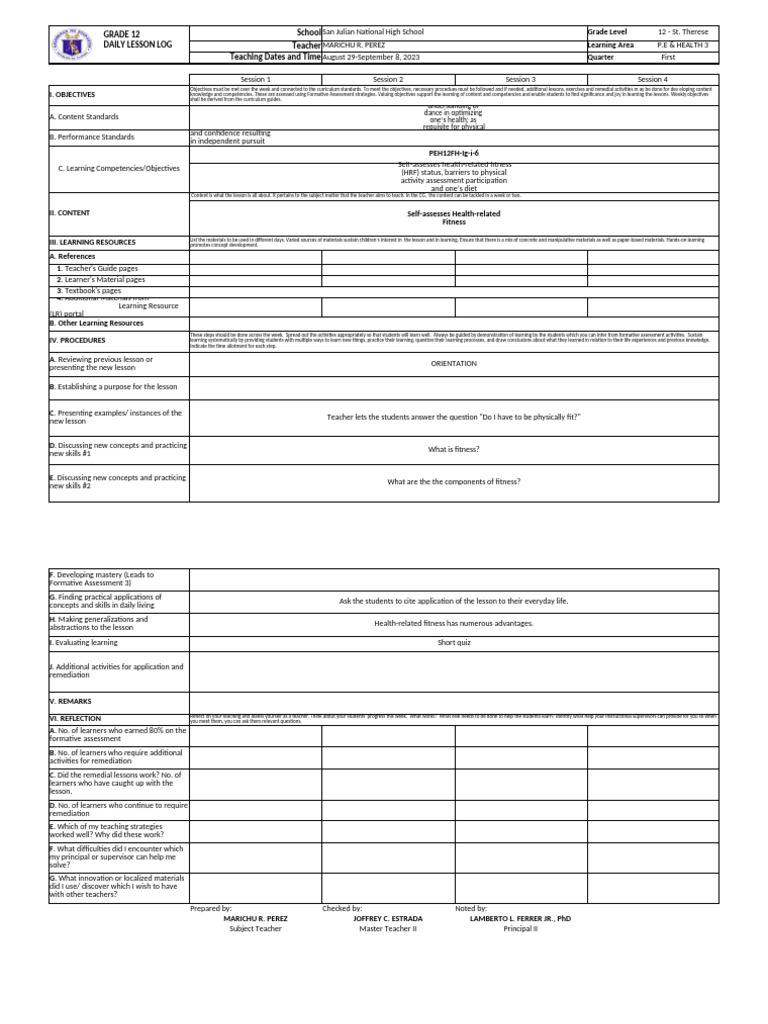 Dll in pe health 3 pdf learning teachers