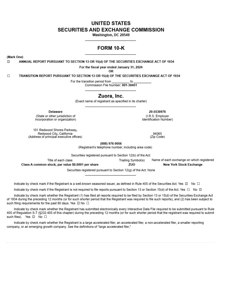 Zuora Inc. 2024 Annual Report 10-K | PDF | Form 10 K | Subscription ...