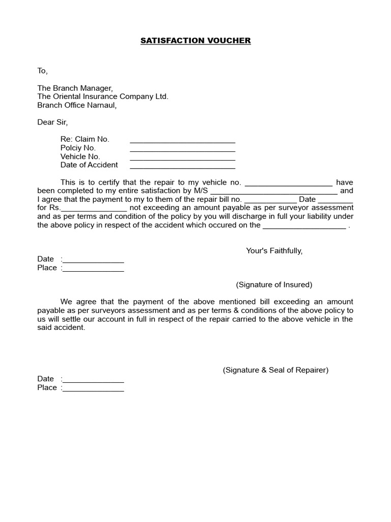 Oriental Insurance Satisfaction Voucher | PDF | Finance & Money Management