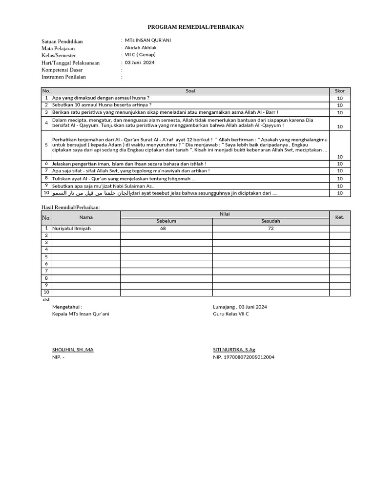 Format Remedial & Pengayaan - 7 C | PDF