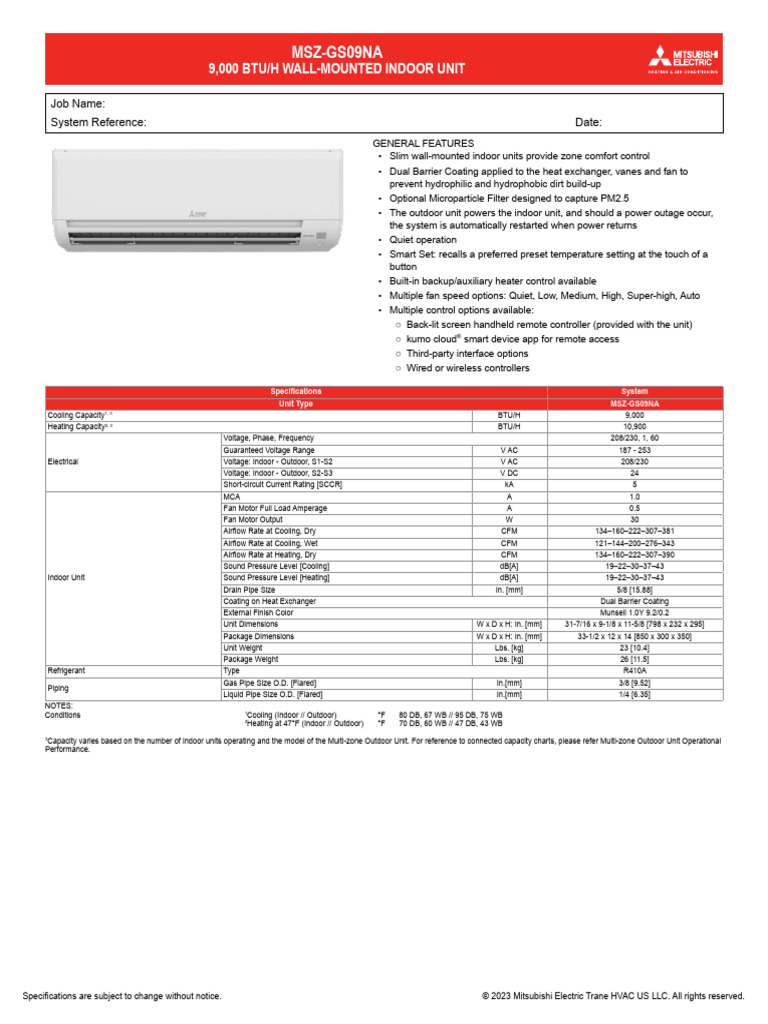 MSZ-GS09NA Submittal | PDF | Thermostat | Alternating Current