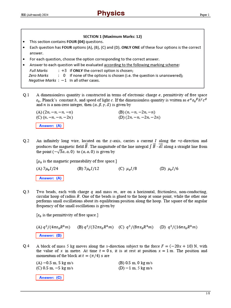 JEE Advanced 2024 Physics Paper 1 | PDF | Physical Quantities | Metrology
