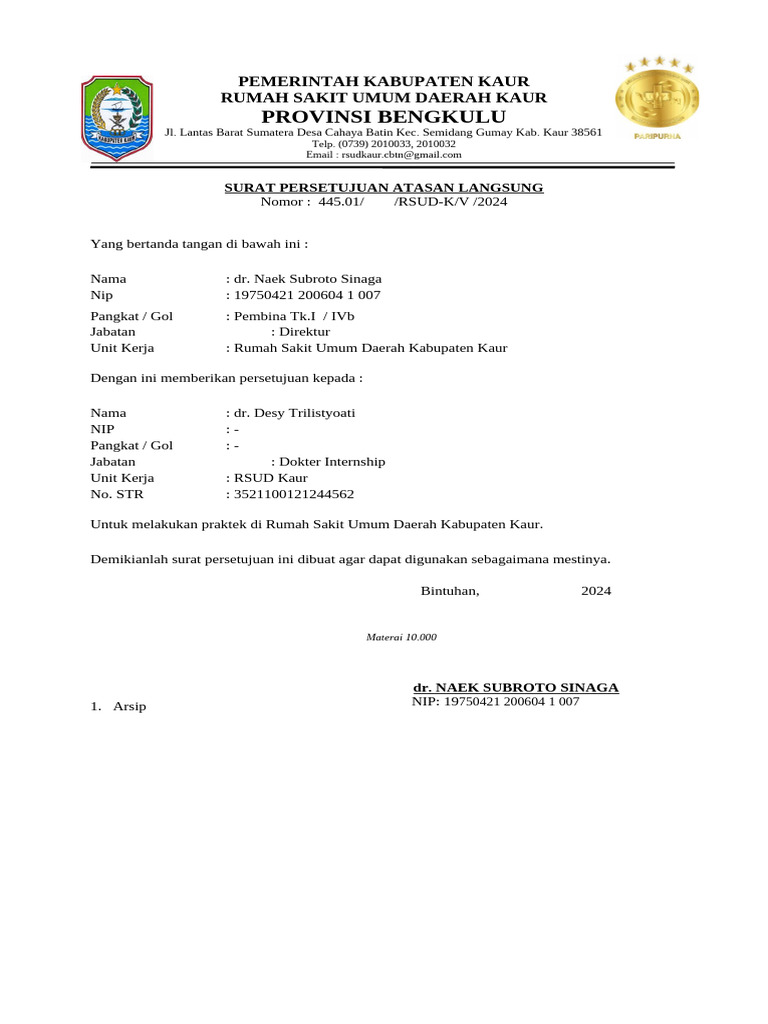 Surat Persetujuan Dokter Internship RSUD Kaur | PDF