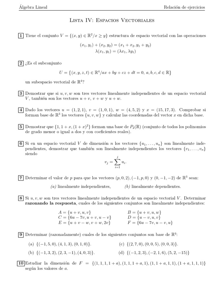 Ejercicios de Espacios Vectoriales | PDF | Base (álgebra lineal ...