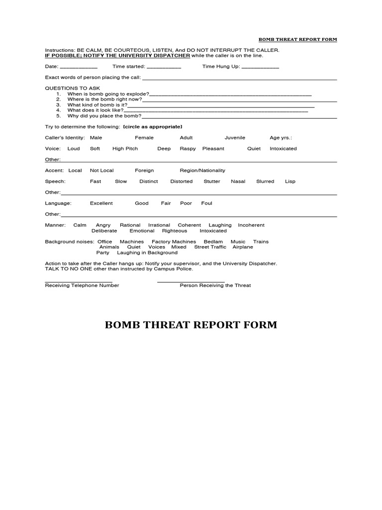 Bomb Threat Report Form | PDF | Human Voice | Human Communication