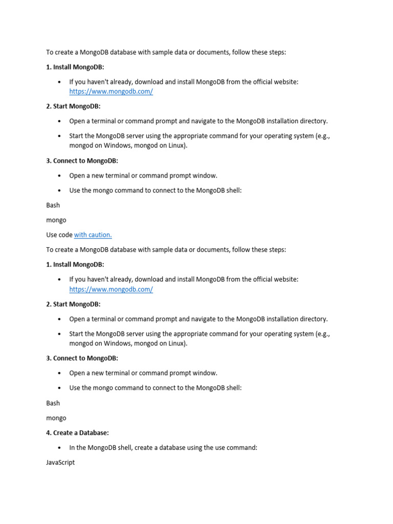 To create a mongodb database with sample data or documents pdf
