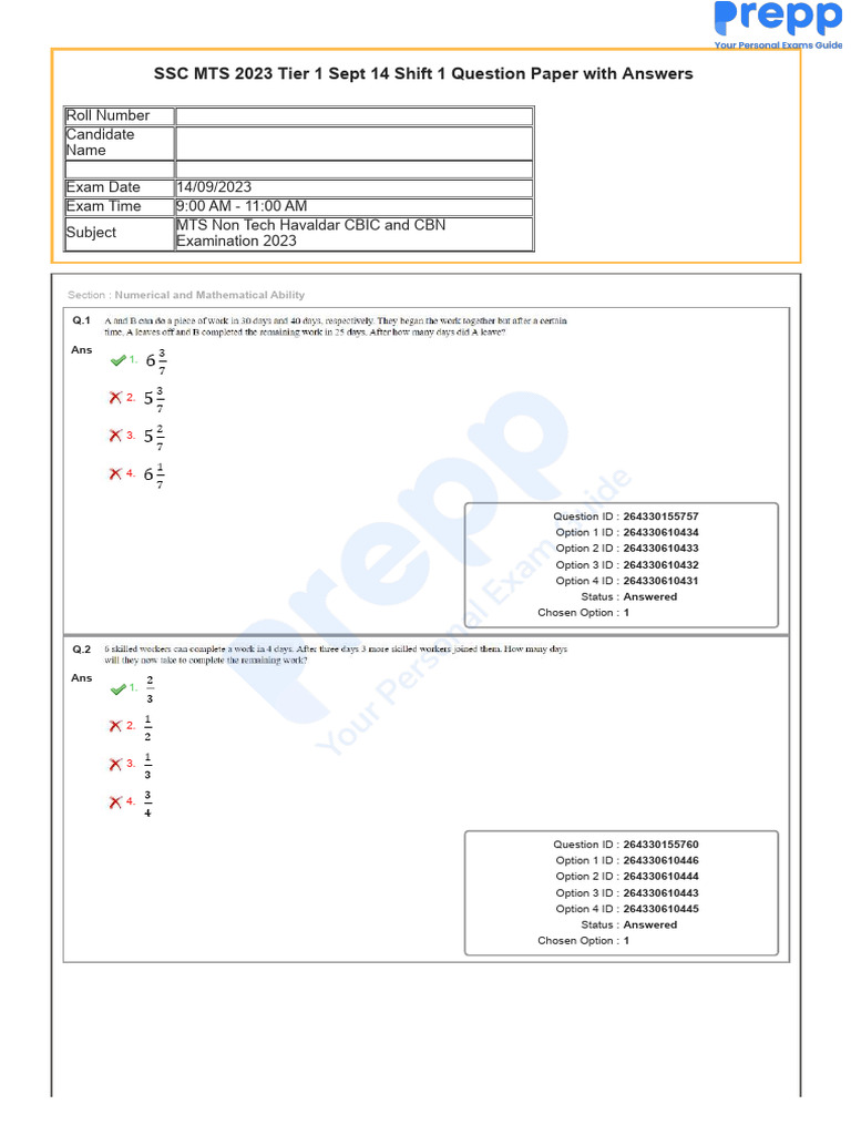 SSC MTS 2023 Tier 1 Sept 14 Shift 1 Paper | PDF