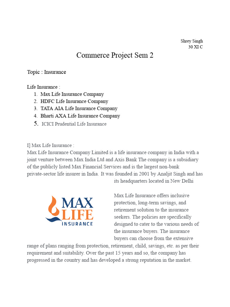 Commerce Sem 2 Insurance Project | PDF | Business | Financial Services