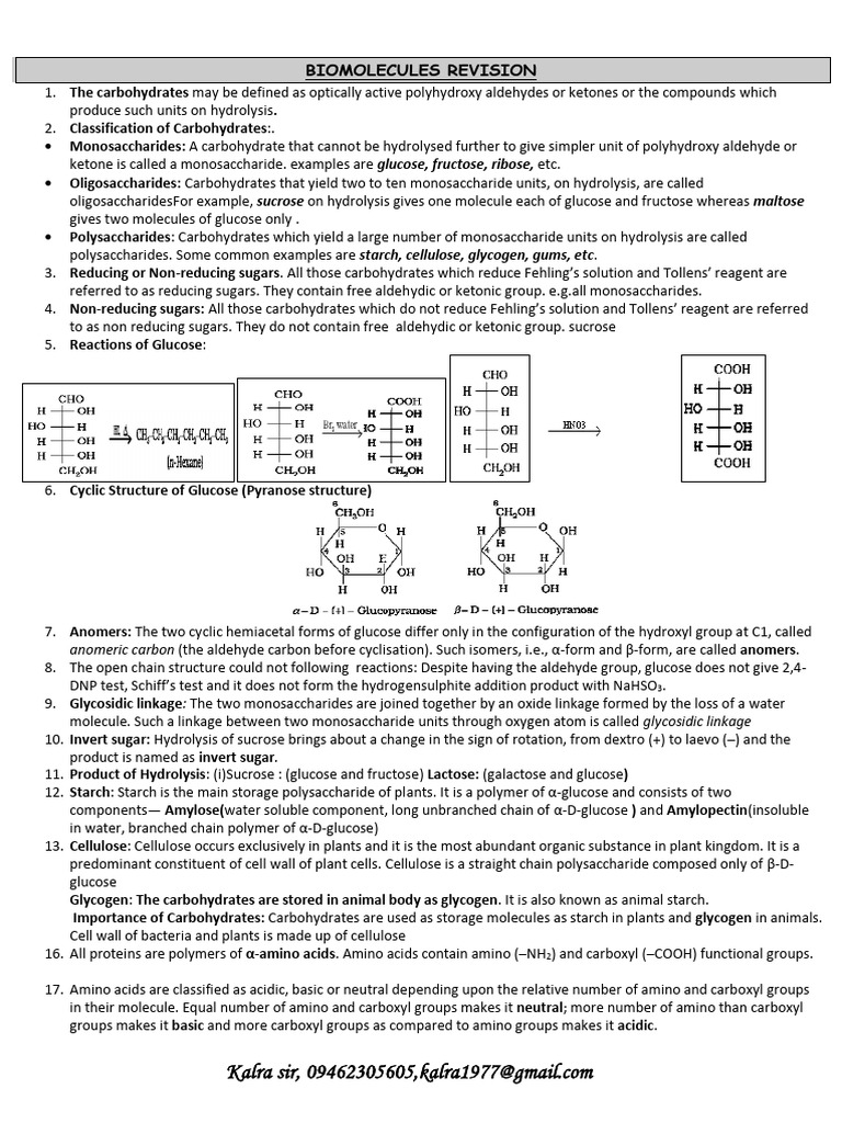 Biomolecules Revision.2025 | PDF | Carbohydrates | Glucose