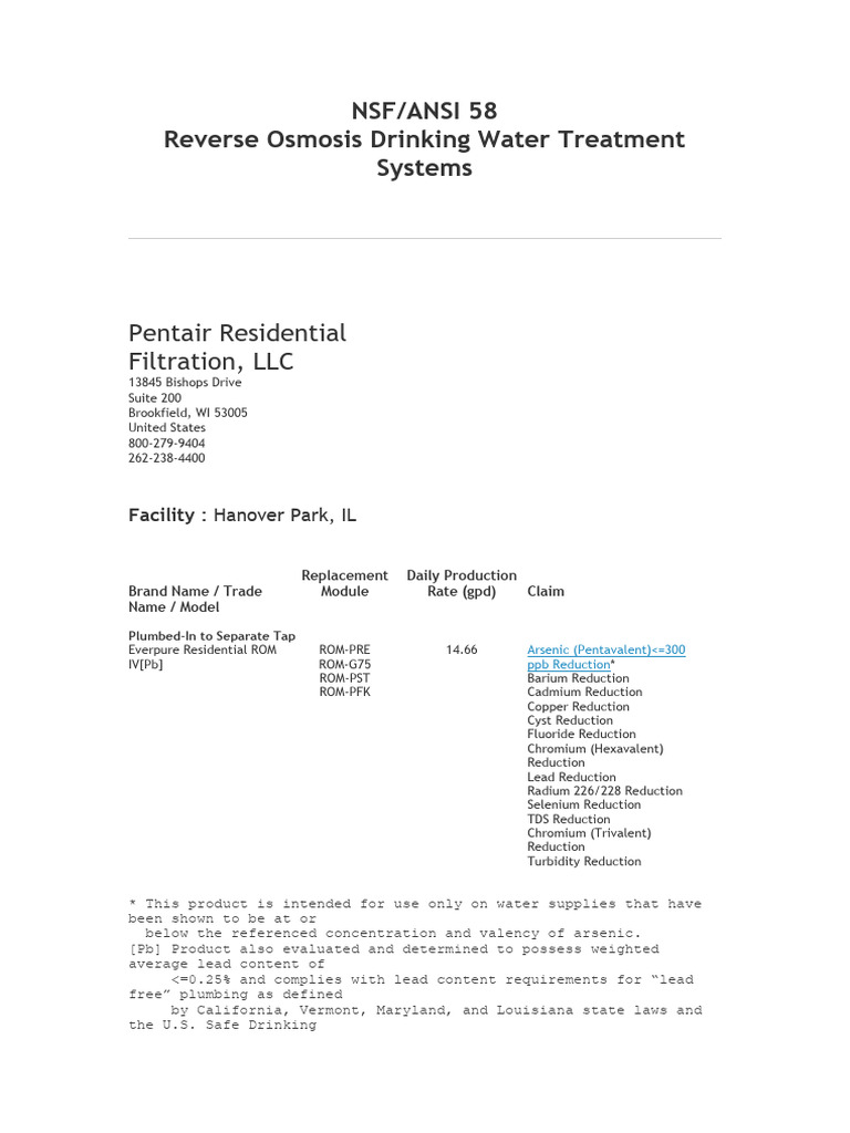 Pentair NSF ANSI Standard 58 | PDF | Water And Politics | Environmental ...