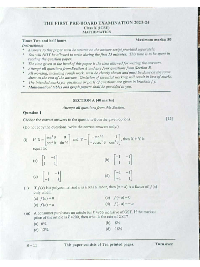 Class X Mathematics Pre-Board Exam 2023-24 | PDF | Circle | Triangle