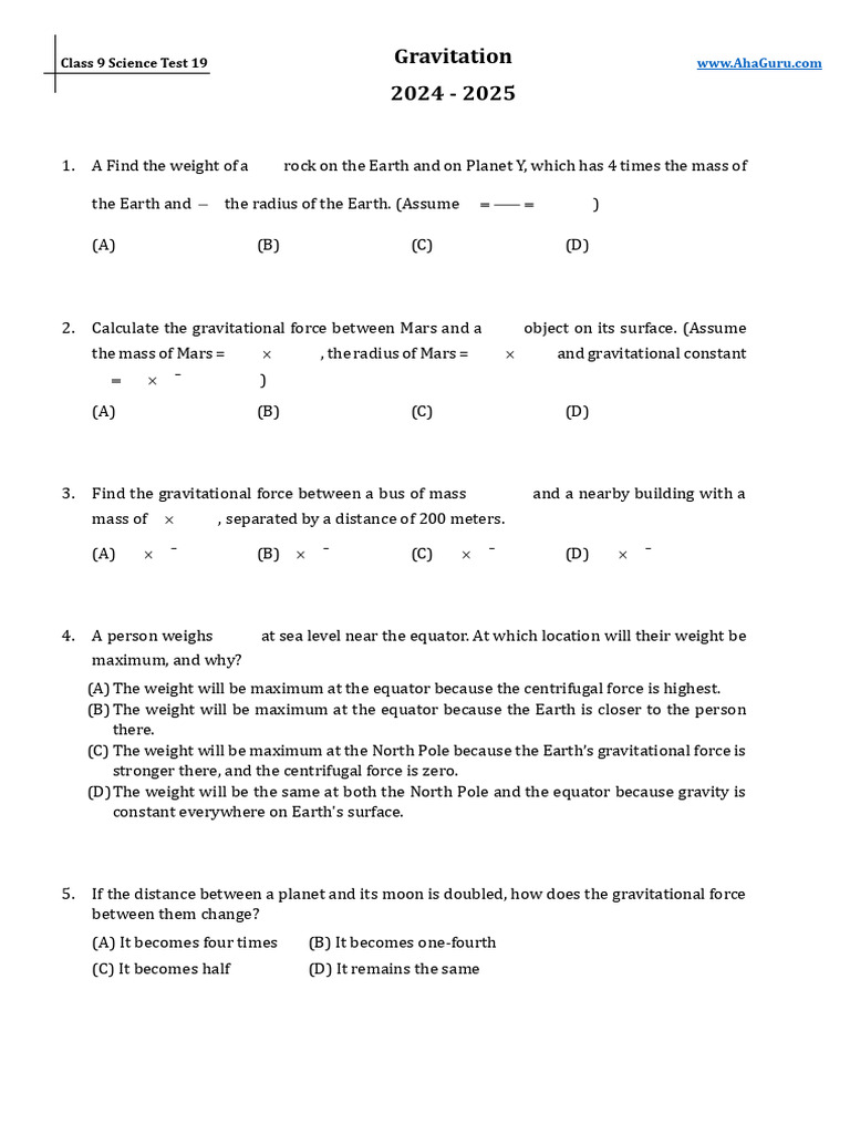Class 9 Science Gravitation Test 2024 | PDF | Weight | Gravity