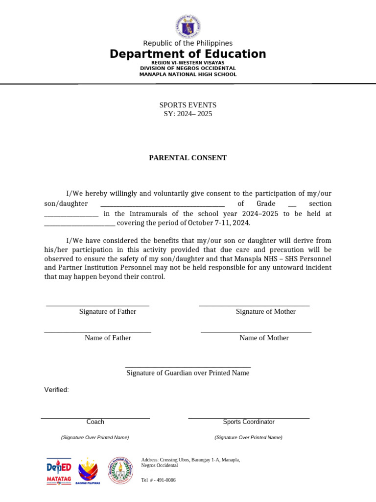 Parental Consent for Manapla NHS Sports Events | PDF