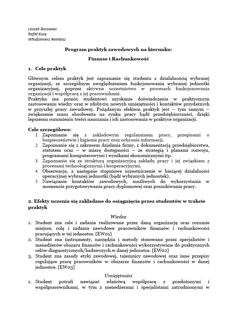 Program Praktyk Dla Kierunku Finanse I Rachunkowosc | PDF