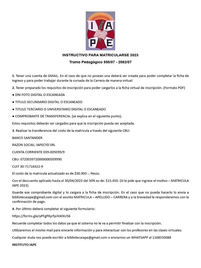 Instructivo de Matriculación 2023 IAPE | PDF