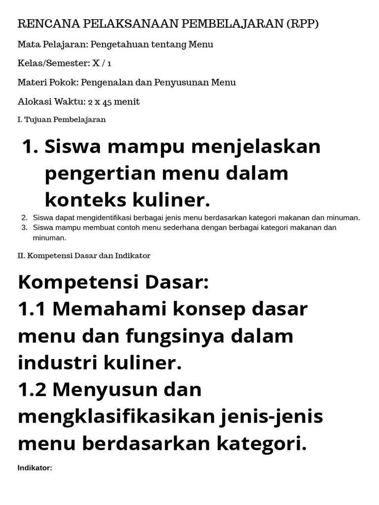 RPP Pengenalan Menu Kuliner Kelas X | PDF