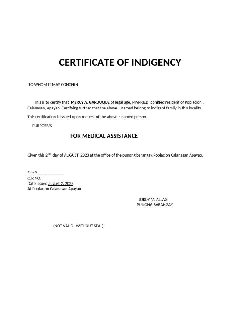 Certificate of Indigency for Medical Aid | PDF