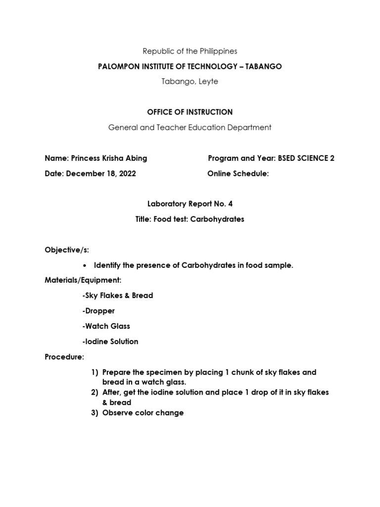 Lab Report 4 Organic Chem (Food Test Carbohydrates) | PDF
