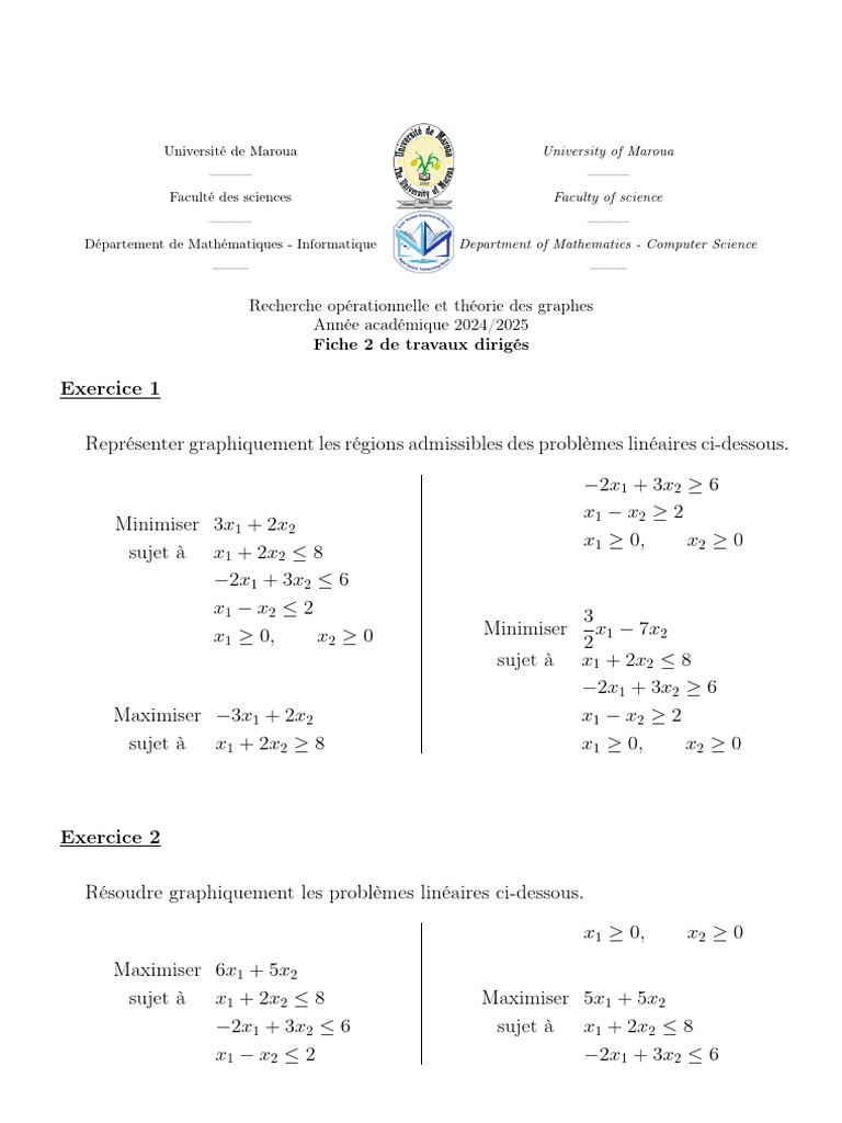 Problèmes de programmation linéaire UMa 2024-2025 | PDF | Optimisation ...
