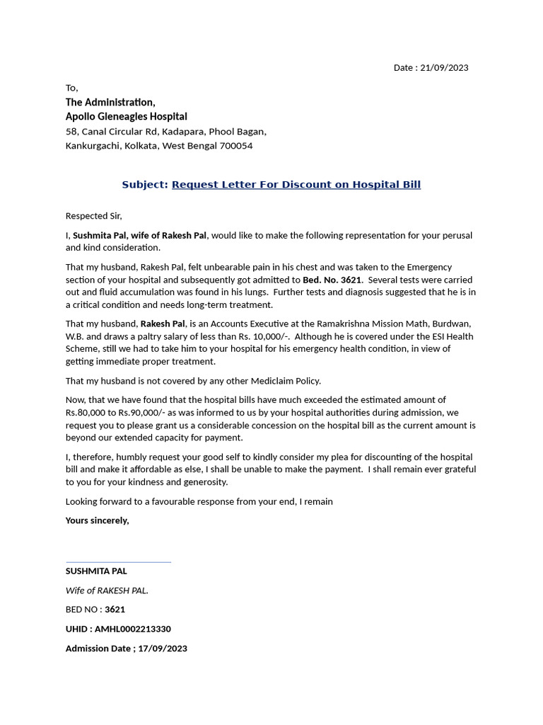 Request for Hospital Bill Discount | PDF