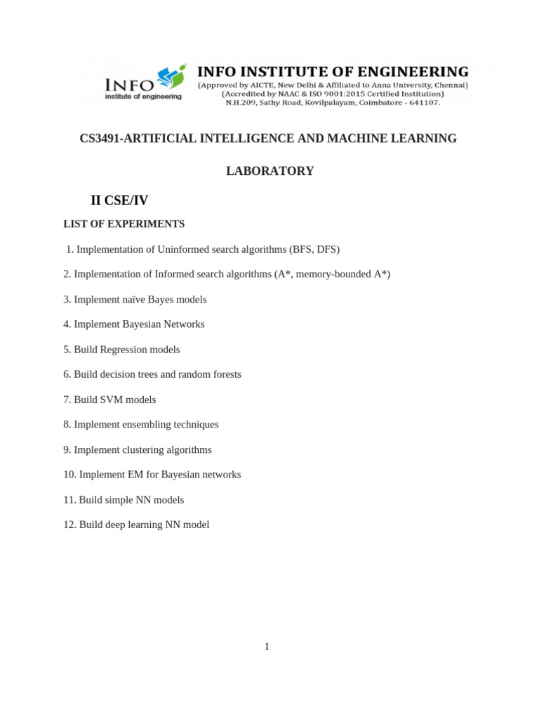 AIML Lab Manual: Experiments Overview | PDF | Algorithms And Data ...