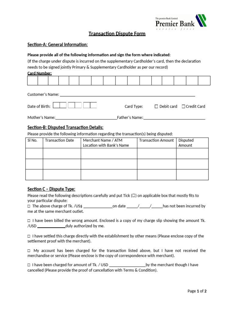 Transaction Dispute Form Instructions | PDF | Personal Finance | Payments