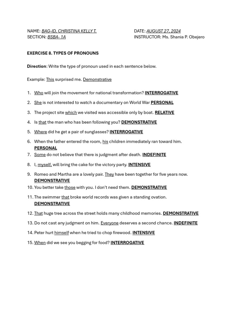 Types Of Pronouns Exercises Pt 1 1 1 Pdf