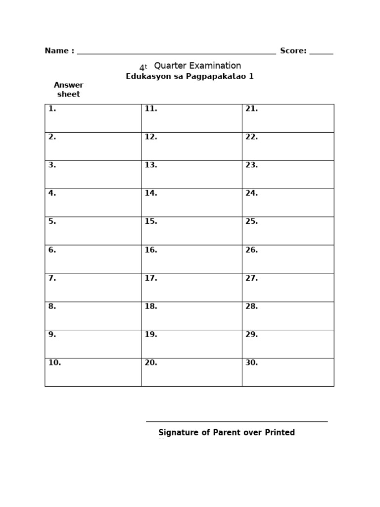 4th Quarter Exam Answer Sheets | PDF